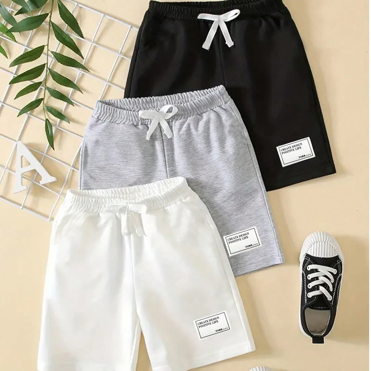3 piÃ¨ces Shorts dÃ©contractÃ©s Ã©lastiques simples taille haute pour fille prÃ©-ados avec applique de lettre