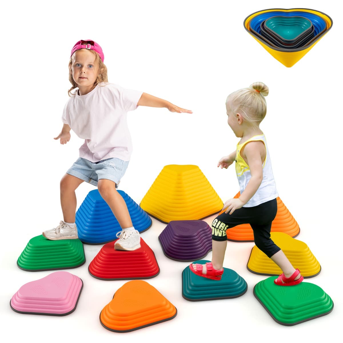CostwayPierres de Parcours pour Enfants 11 Blocs d'Équilibre Intérieur/Extérieur avec Bords Antidérapants Pierres en Forme de Cœur pour 3+